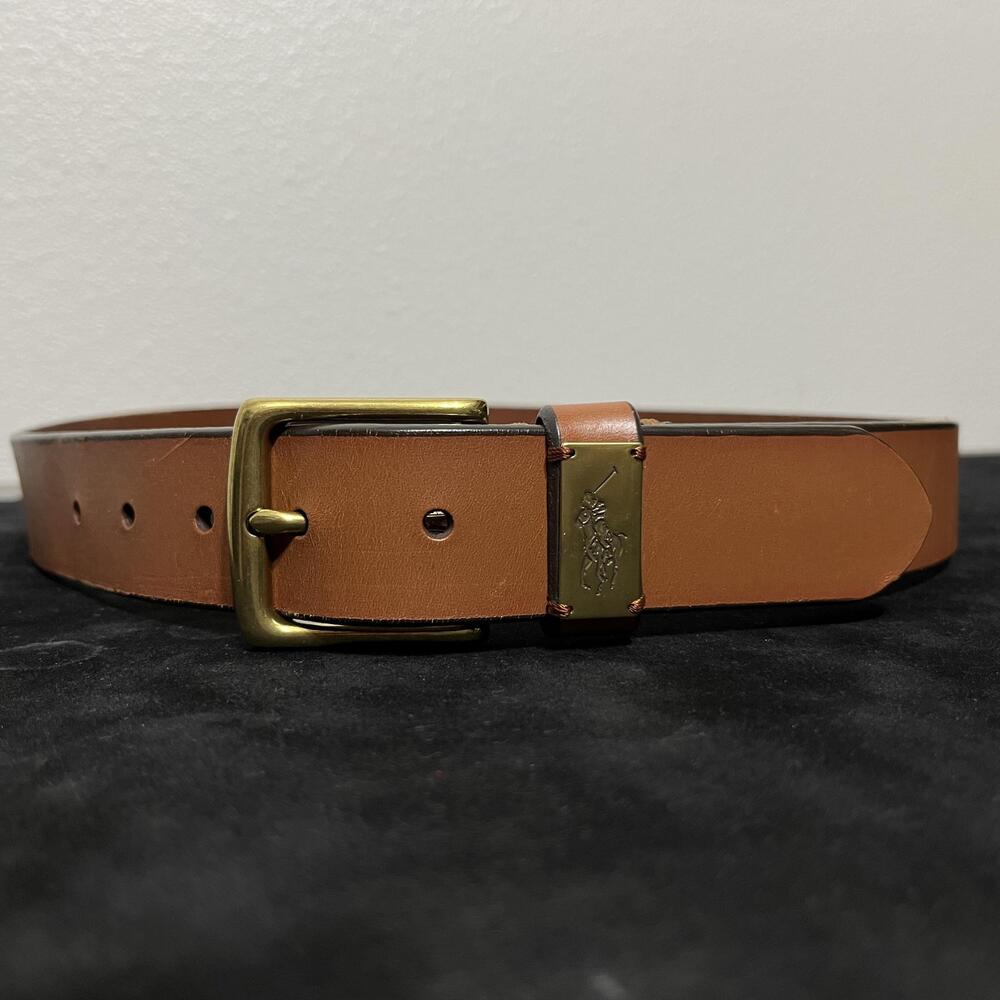 Polo Ralph Lauren Belt Mens 36 Vintage 90s Leather Dress Brass Buckle Pony Logo